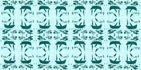 Teal green white vibrant watercolor batik azulejos tile border banner background. Seamless aqua coastal blur linen effect geometric mosaic effect.Boho Patchwork nautical masculine summer ribbon trim.  - obrazy, fototapety, plakaty