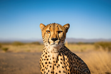 Portrait of a beautiful cheetah with a serious face looking at the camera in Africa.