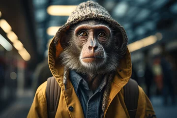 Gordijnen Cute monkey dressed in human clothes walking in the city. Anthropomorphic, animal character © Jsanz_photo