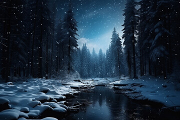 Fabulous winter landscape serene river, frozen and shining in moonlight, surrounded by a dark coniferous forest. Clear starry sky - obrazy, fototapety, plakaty