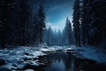 Zelfklevend Fotobehang Fabulous winter landscape serene river, frozen and shining in moonlight, surrounded by a dark coniferous forest. Clear starry sky © SappiStudio