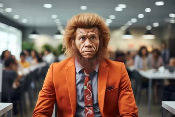 Rolgordijnen Portrait of a monkey in human form dressed in a business suit leading the company. © Jsanz_photo