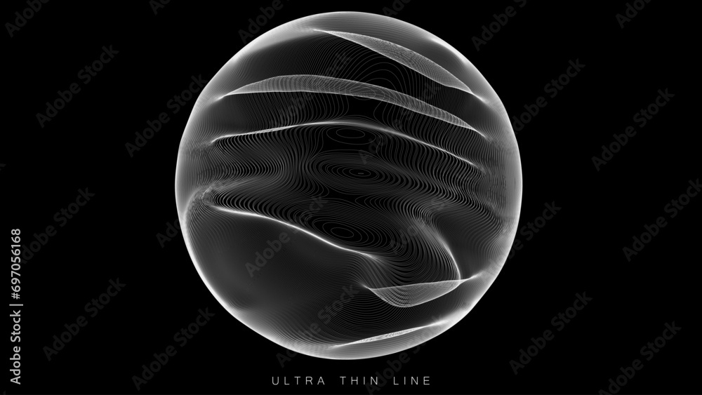Poster ultra thin line fluid geometry. dynamic vector distorted spheres.