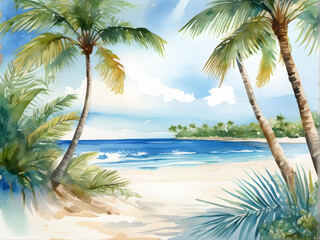 Serenity Shore: Tranquil Watercolor Illustration of a Relaxing Beach Escape. generative AI