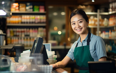 Asian smiling woman working as a cashier in the store