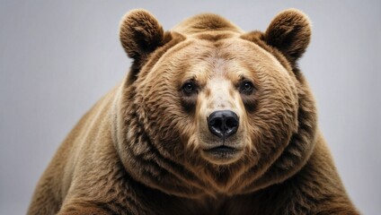 Obraz premium Close-up portrait of a brown bear with a focused expression and detailed fur texture against a light grey studio background.