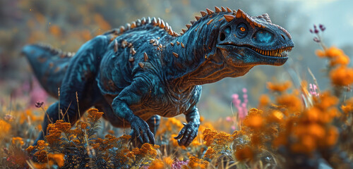 Allosaurus in a whimsical and colorful style. In natural habitat. Jurassic Park.