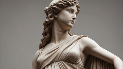 Female sculpture of the goddess of Ancient Greece on a gray background. Neutral colors and glare from the light. Renaissance statue. The architecture of antiquity. - obrazy, fototapety, plakaty