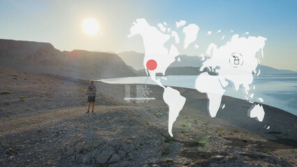 Lost hiker using tablet to navigate while hiking in North America - 3d render