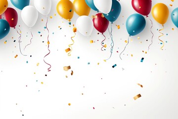 Happy Birthday balloons and confetti on a solid white background, creating a cheerful ambiance.
