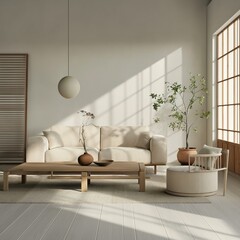 Spacious minimalist living room bathed in natural light coming through large windows, stylish interior design