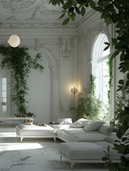 Classic elegance melds with modern decor in a vintage room with ornate ceilings and hanging plants