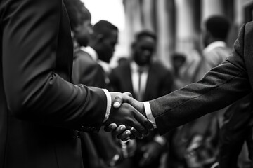 Close-up image of a handshake between two businessmen in black and white, symbolizing a deal or agreement