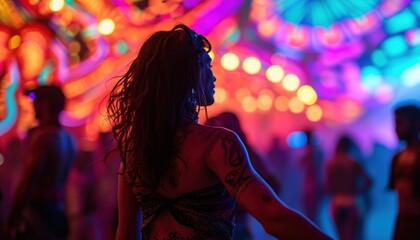 Tattooed woman in a bohemian attire dancing freely against a backdrop of colorful festival lights and revelry