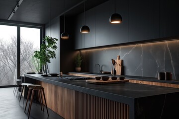 Modern kitchen design with black cabinetry, pendant lighting, and wooden bar stools for a stylish home