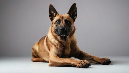Obraz premium An adult Belgian Malinois dog sits alertly in a studio with a neutral grey background.