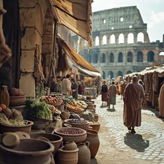 Vivid depiction of a bustling ancient marketplace with various food stalls and people in traditional clothing