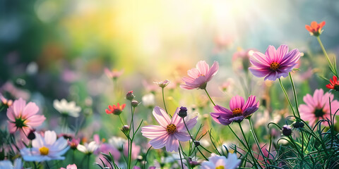 Cosmos flowers blooming in the garden with sunlight. Nature background