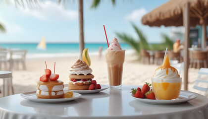 A beachfront café scene with mouthwatering desserts and refreshing drinks on the tables.