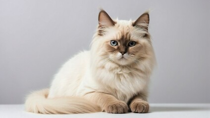 Obraz premium A Birman cat with a luxurious cream coat and deep blue eyes poses gracefully on a white studio background.