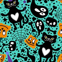 Halloween cat seamless pumpkins and ghost pattern for wrapping paper and fabrics and linens and kids clothes