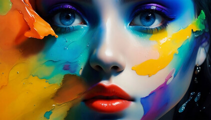 Portrait of a pretty woman with a painted face. Vivid colors