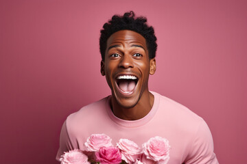 Attractive stylish man with pink bouquet of roses isolated on pink background
