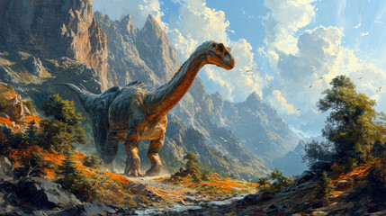 Brachiosaurus Dinosaur in a whimsical and colorful style. In natural habitat. Jurassic Park.