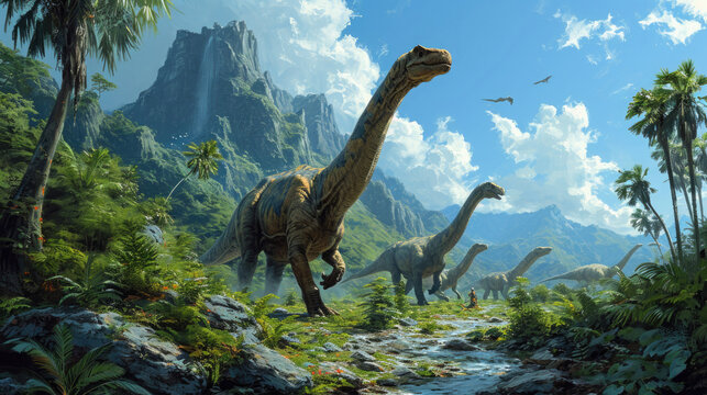Diplodocus Dinosaur in a whimsical and colorful style. In natural habitat. Jurassic Park.