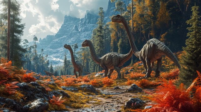 Fototapeta Diplodocus Dinosaur in a whimsical and colorful style. In natural habitat. Jurassic Park.