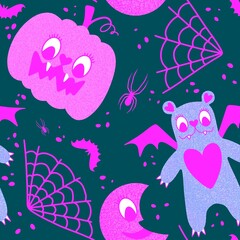 Cartoon retro Halloween monsters seamless bears and pumpkins and moon and spider web pattern