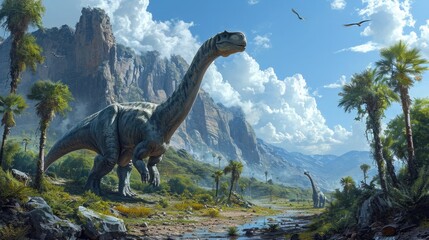 Diplodocus Dinosaur in a whimsical and colorful style. In natural habitat. Jurassic Park. - obrazy, fototapety, plakaty