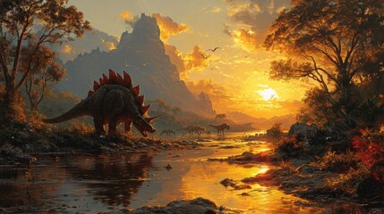 Naklejka premium Stegosaurus Dinosaur in a whimsical and colorful style. In natural habitat. Jurassic Park.