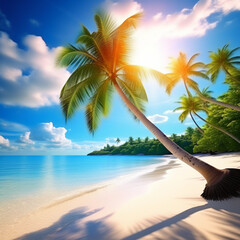 Dream scene. Beautiful palm tree over white sand beach. Summer nature view.
