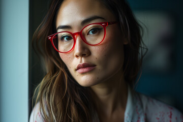 Fototapeta na wymiar a beautiful asianwoman business with red glasses in the office, japan. chinese. asian. 