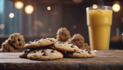 Cookies on rustic table, furry monster eats & drinks on bakery curtain background.