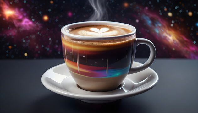 Illustration design of a high-quality, universally colorful technology stock image featuring a space-themed cup of coffee against a dark background.