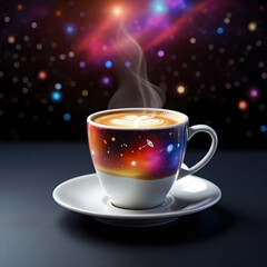 Illustration design of a high-quality, universally colorful technology stock image featuring a space-themed cup of coffee against a dark background.