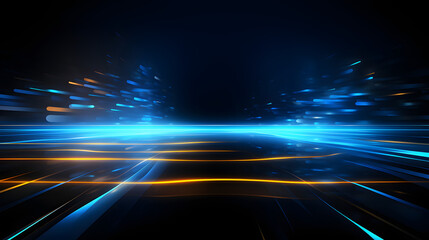 Beautiful abstract futuristic dark background with neon blue and yellow glow.