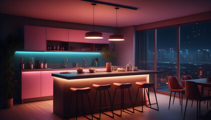 Fototapeta na wymiar Nighttime illustration of a modern kitchen with a counter bar pendant lights neon lights glass window and decor 
