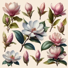 Set of magnolia flowers.