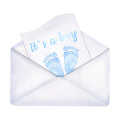 Open envelope with letter, blue children footprint. It is a boy. Baby Shower or gender reveal party invitation. Hand drawn watercolor illustration isolated background. For family surprise party design