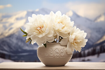 White peonies in elegant vase against snowy mountain backdrop 3D Rendering