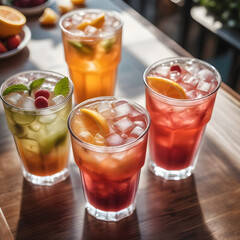 Glasses of iced fruit drinks on cafe table, overhead view