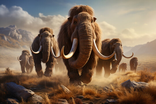 A diorama depicting a herd of woolly mammoths in a Pleistocene landscape, exploring the lives of these Ice Age giants. Generative Ai.