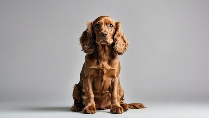An English Cocker Spaniel with a lustrous golden coat sits elegantly against a muted background, its long ears and soulful eyes creating a picture of grace.