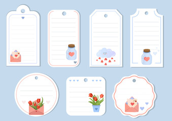 Valentine's Day printable tags collection. Love, heart, holiday sticker kit. Vector illustration.