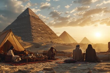 Journey through Time: Amidst the Grandeur of the Pyramids of Giza, a Group of Travelers Explores the Ancient Wonders and Rich History of Egypt's Timeless Landmarks.