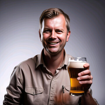 Hombre sonriendo con un vaso de cerveza en su mano 