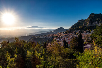 Sunset on Taormina town in Sicily